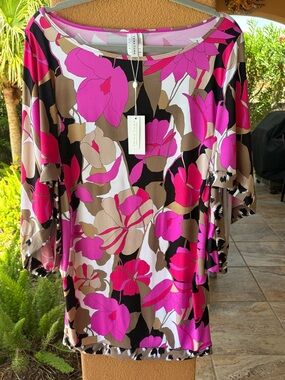 NWT Trina Turk Fuchsia Pink/Brown Floral Scoop Neck Tunic/Beach Cover up Dress.